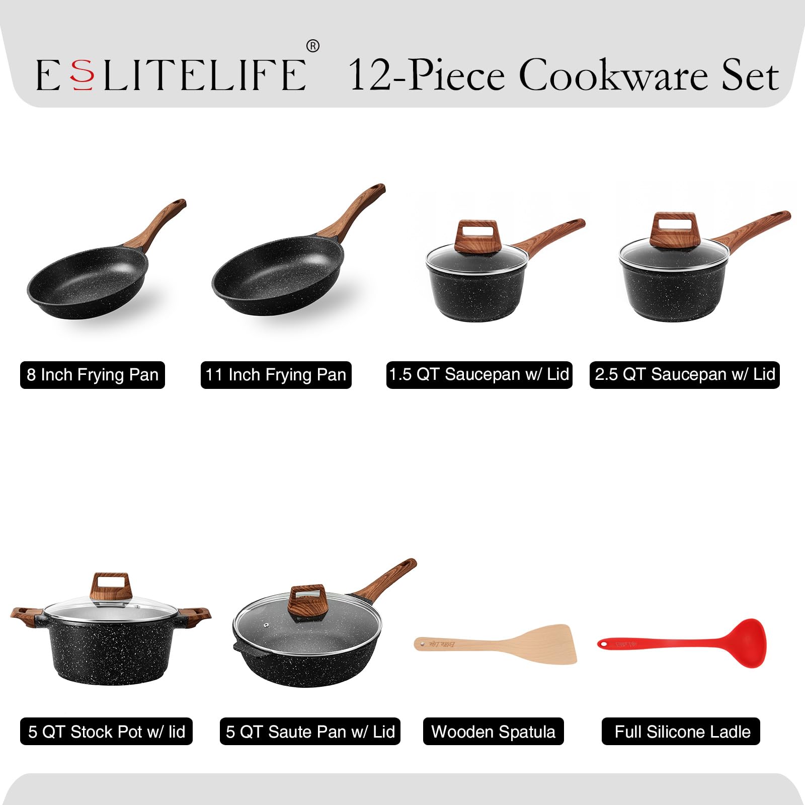 ESLITE LIFE Nonstick Cookware Sets, 6 Pcs Granite Coating Pots and Pans Set Kitchen Cooking Set, Compatible with All Stovetops (Gas, Electric & Induction), PFOA Free, Black