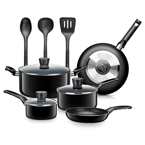 SereneLife Kitchenware Pots & Pans Basic Kitchen Cookware, Black Non-Stick Coating Inside, Heat Resistant Lacquer (11-Piece Set), One Size, Black