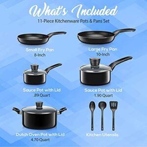 SereneLife Kitchenware Pots & Pans Basic Kitchen Cookware, Black Non-Stick Coating Inside, Heat Resistant Lacquer (11-Piece Set), One Size, Black