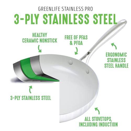 GreenLife Tri-Ply Stainless Steel Healthy Ceramic Nonstick, 10 Piece Cookware Pots and Pans Set, PFAS-Free, Multi Clad, Induction, Dishwasher Safe, Oven Safe, Silver