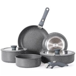 vkoocy non stick pot and pan set with removable handle, ceramic cookware set detachable handle, induction kitchen camping stackable pots pans, dishwasher/oven safe, grey