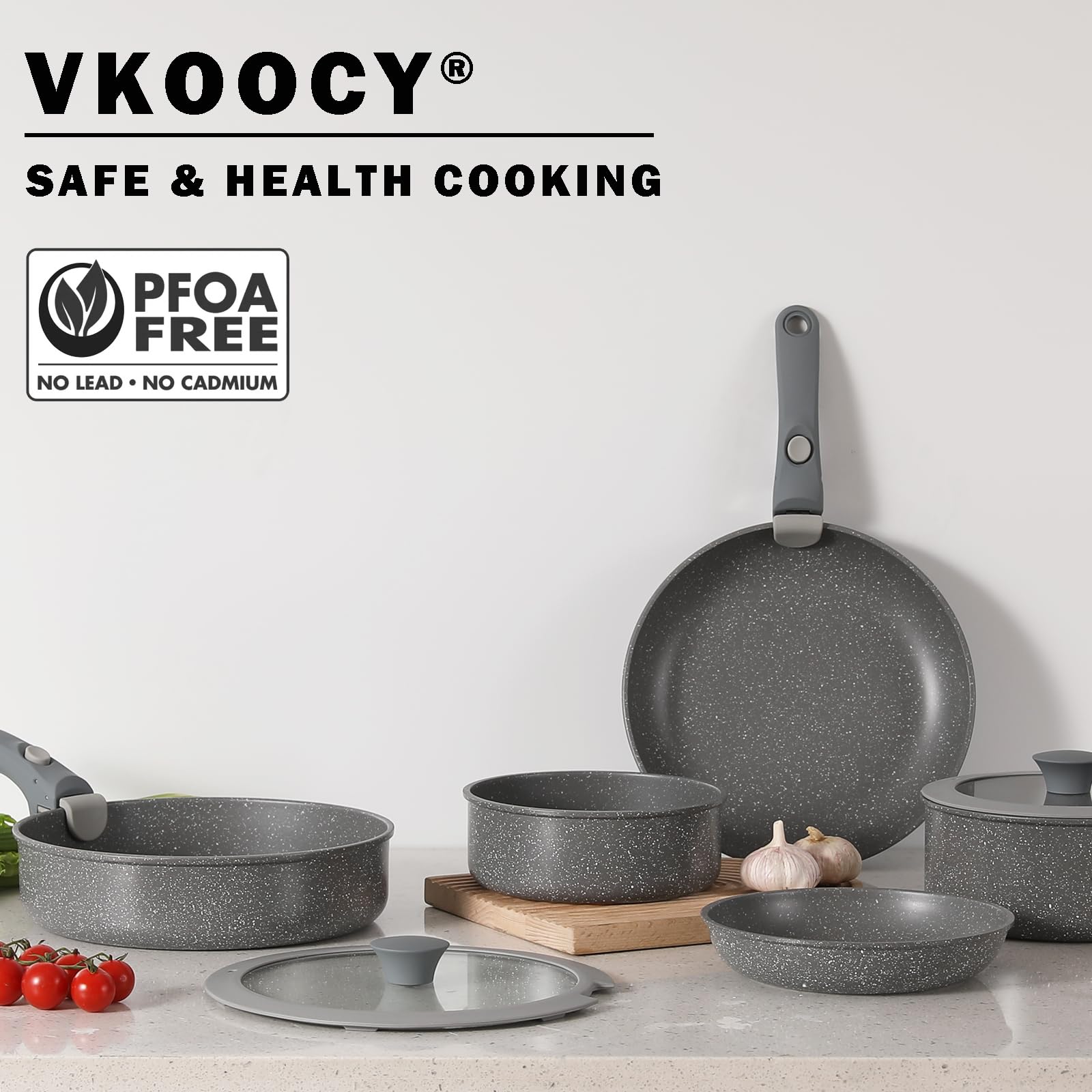 Vkoocy Non Stick Pot and Pan Set with Removable Handle, Ceramic Cookware Set Detachable Handle, Induction Kitchen Camping Stackable Pots Pans, Dishwasher/Oven Safe, Grey