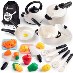 d-fantix kids pretend play kitchen accessories set, toddlers pots and pans cookware playset, kids cooking toys with utensils, knife, cutting food kitchen playset for girls and boys age 2 3 4 5 6 7