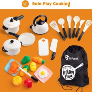 D-FantiX Kids Pretend Play Kitchen Accessories Set, Toddlers Pots and Pans Cookware Playset, Kids Cooking Toys with Utensils, Knife, Cutting Food Kitchen Playset for Girls and Boys Age 2 3 4 5 6 7