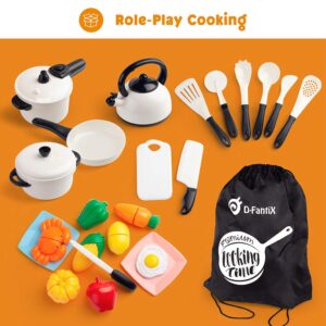 D-FantiX Kids Pretend Play Kitchen Accessories Set, Toddlers Pots and Pans Cookware Playset, Kids Cooking Toys with Utensils, Knife, Cutting Food Kitchen Playset for Girls and Boys Age 2 3 4 5 6 7