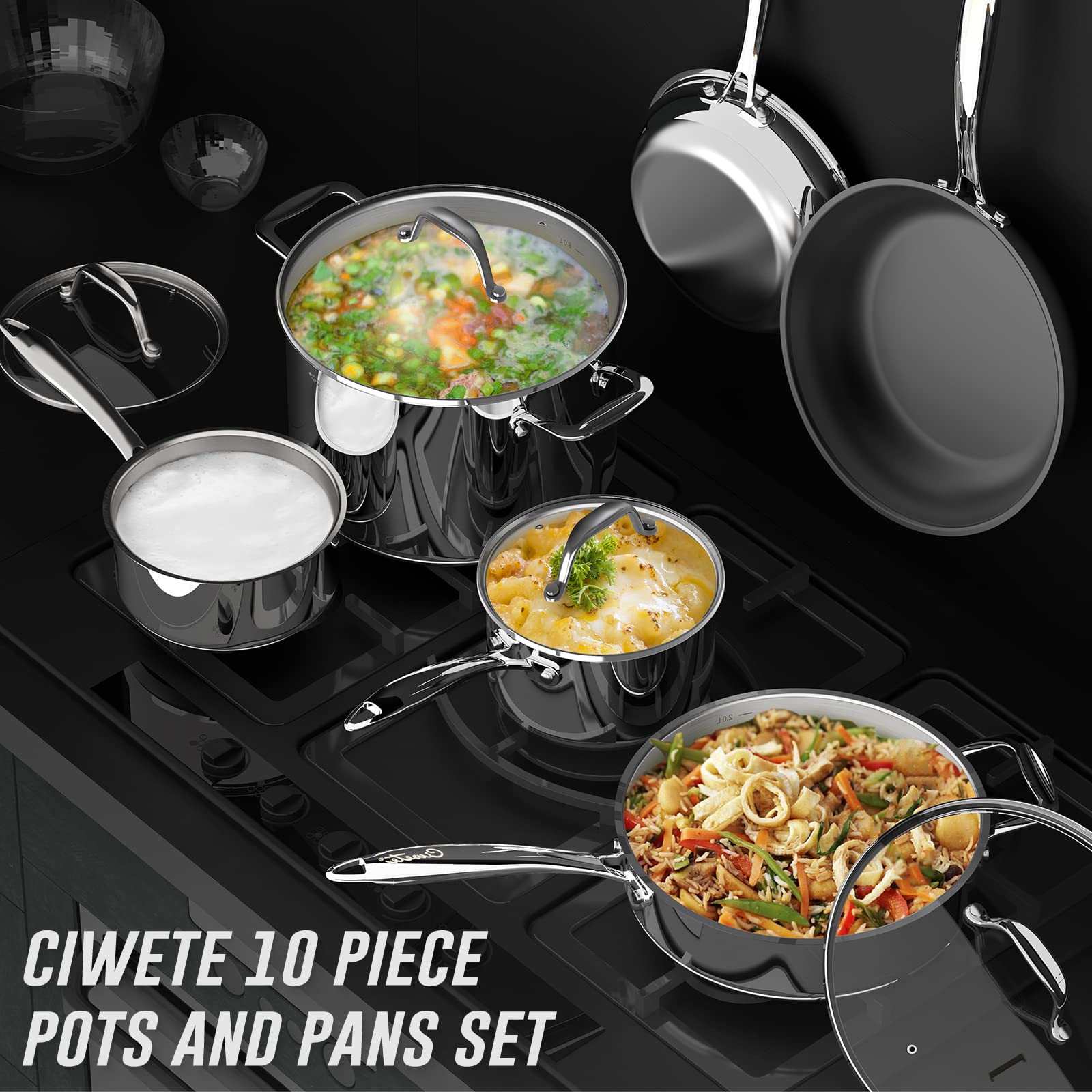 Ciwete Stainless Steel Pots and Pans Set 10 Piece, Kitchen Cookware Set with Nonstick Frying Pans and Glass Lids, Induction Cookware Set, Including 2 Saucepans, Sauté pan, 2 Frying Pans, Stock Pot