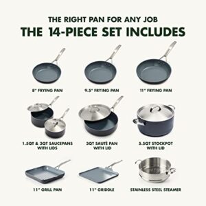 GreenPan Paris Pro Hard Anodized Healthy Ceramic Nonstick, 14 Piece Cookware Pots and Pans Set with Stainless Steel Lids, PFAS-Free, Dishwasher Safe, Grey