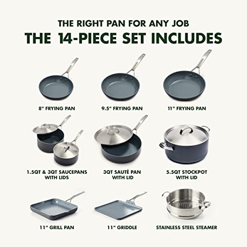 GreenPan Paris Pro Hard Anodized Healthy Ceramic Nonstick, 14 Piece Cookware Pots and Pans Set with Stainless Steel Lids, PFAS-Free, Dishwasher Safe, Grey