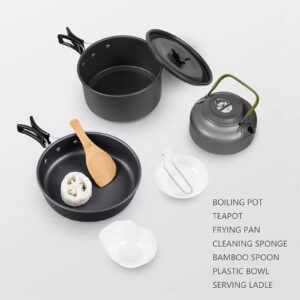 Swiftrans Aluminum Outdoor Camping Cookware Set, Folding Cookset Camping Teapot and Pans Set Equipment，Lightweight Pots, Pans with Mesh Set Bag for Backpacking, Hiking, Picnic