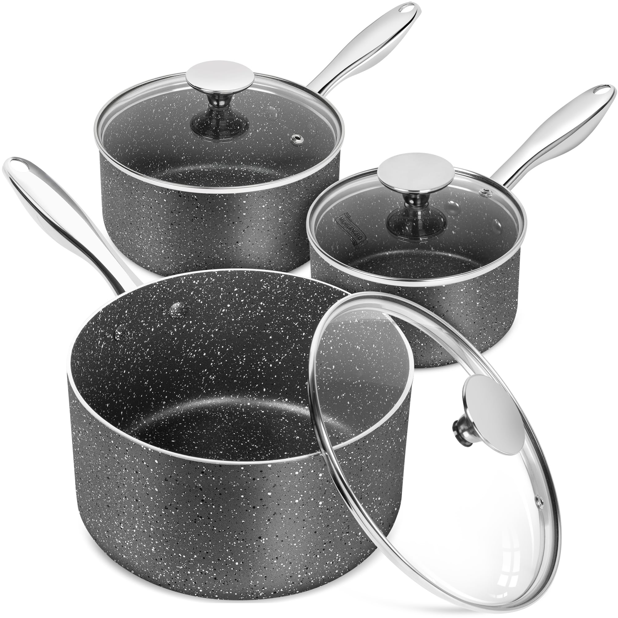 MICHELANGELO Sauce Pan with Lid, Granite Saucepans with Lids, 1Qt & 2Qt & 3Qt Sauce Pan Sets, Nonstick Saucepan Set with Stainless Steel Handle, Oven Safe, Grey