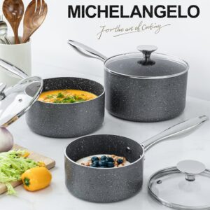 MICHELANGELO Sauce Pan with Lid, Granite Saucepans with Lids, 1Qt & 2Qt & 3Qt Sauce Pan Sets, Nonstick Saucepan Set with Stainless Steel Handle, Oven Safe, Grey