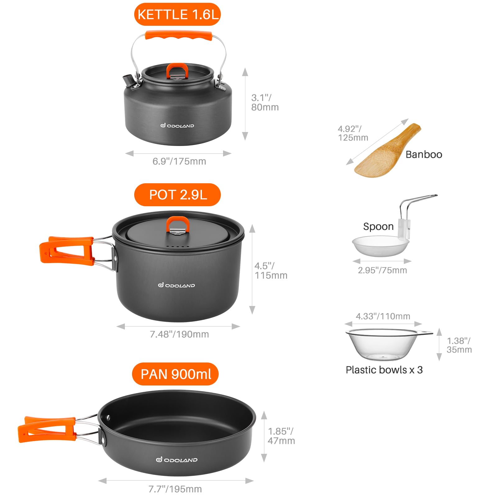 Odoland 10pcs Camping Cookware Camping Pots and Pans Set with Kettle Plastic Bowls and Soup Spoon for Camping, Backpacking, Outdoor Cooking and Picnic