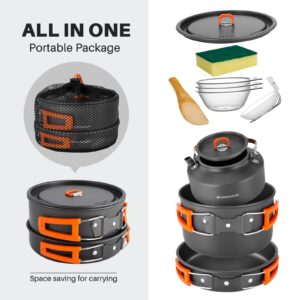 Odoland 10pcs Camping Cookware Camping Pots and Pans Set with Kettle Plastic Bowls and Soup Spoon for Camping, Backpacking, Outdoor Cooking and Picnic