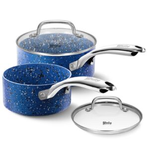 hlafrg kitchen nonstick saucepan set - 1 quart and 2 quart sauce pan set with lid - multipurpose pots set use for home kitchen or restaurant (blue granite)