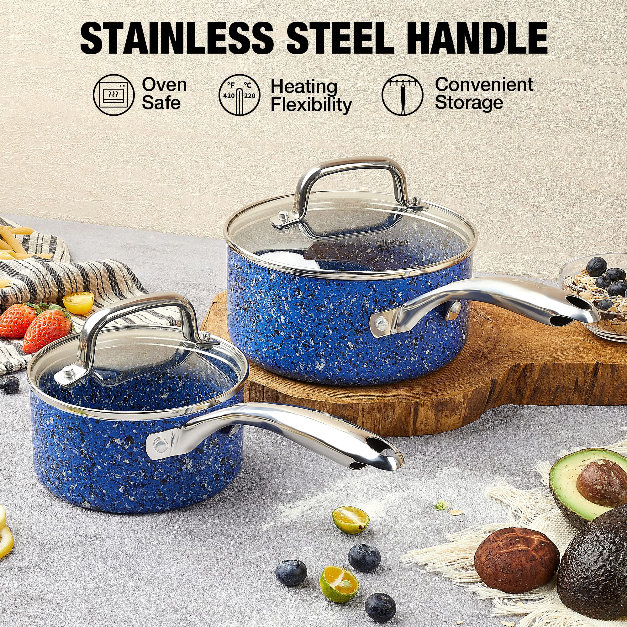 HLAFRG Kitchen Nonstick Saucepan Set - 1 Quart and 2 Quart Sauce Pan Set with Lid - Multipurpose Pots Set Use for Home Kitchen or Restaurant (Blue Granite)