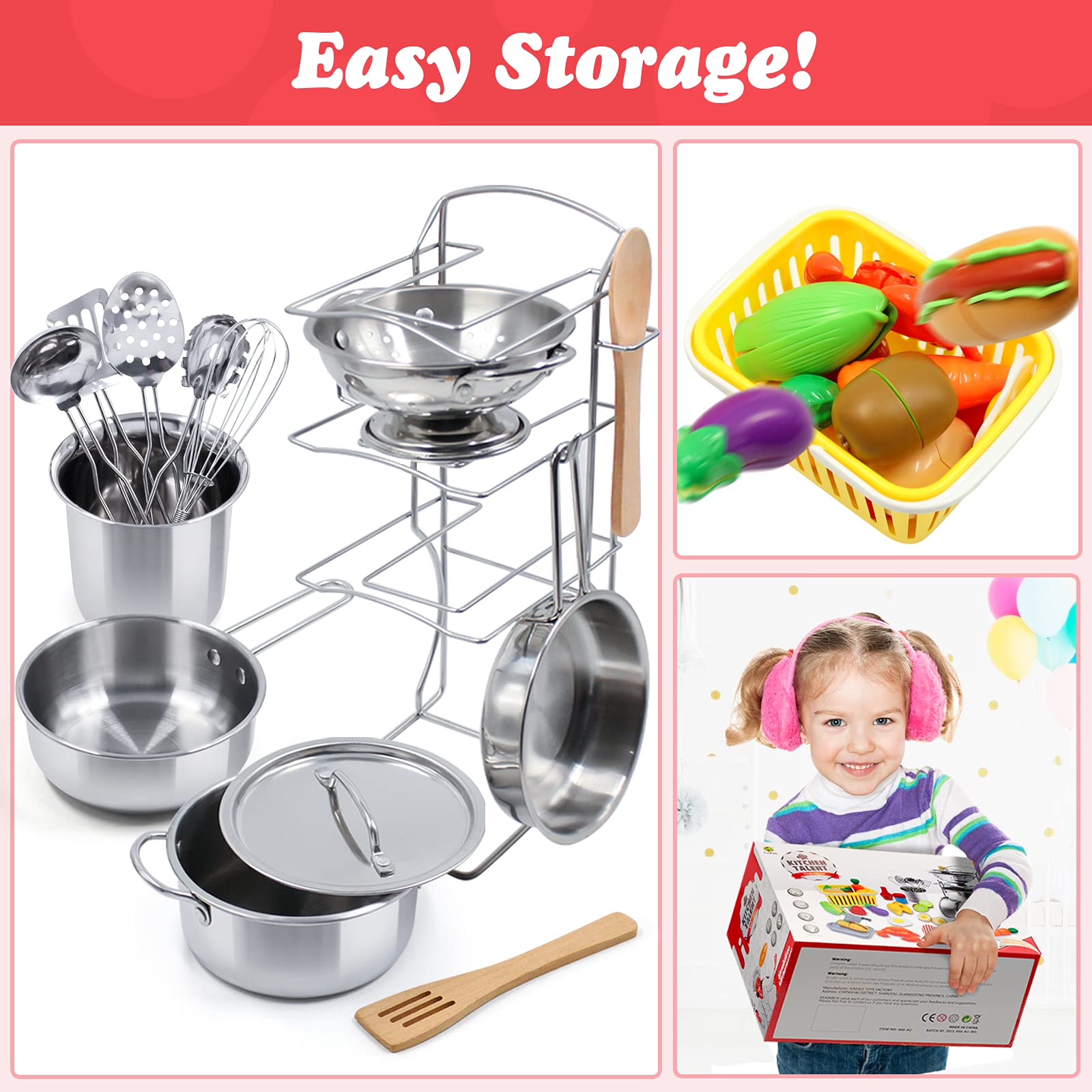 Kids Pretend Play Kitchen Toys Accessories Set, 32 Items Stainless Steel Toy Pots and Pans Sets w/ Rack Organizer, Metal Cooking Utensils & Apron, Play Food w/ Basket for Kids Girls Boys Toddlers