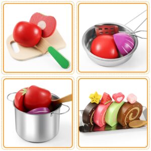 EFO SHM 44PCS Play Kitchen Accessories, Wooden Play Food, Kids Kitchen Pretend Play Toys with Stainless Steel Play Pots & Pans Sets, Apron & Chef Clothes, Kitchen Toys for Toddlers Preschoolers Kids