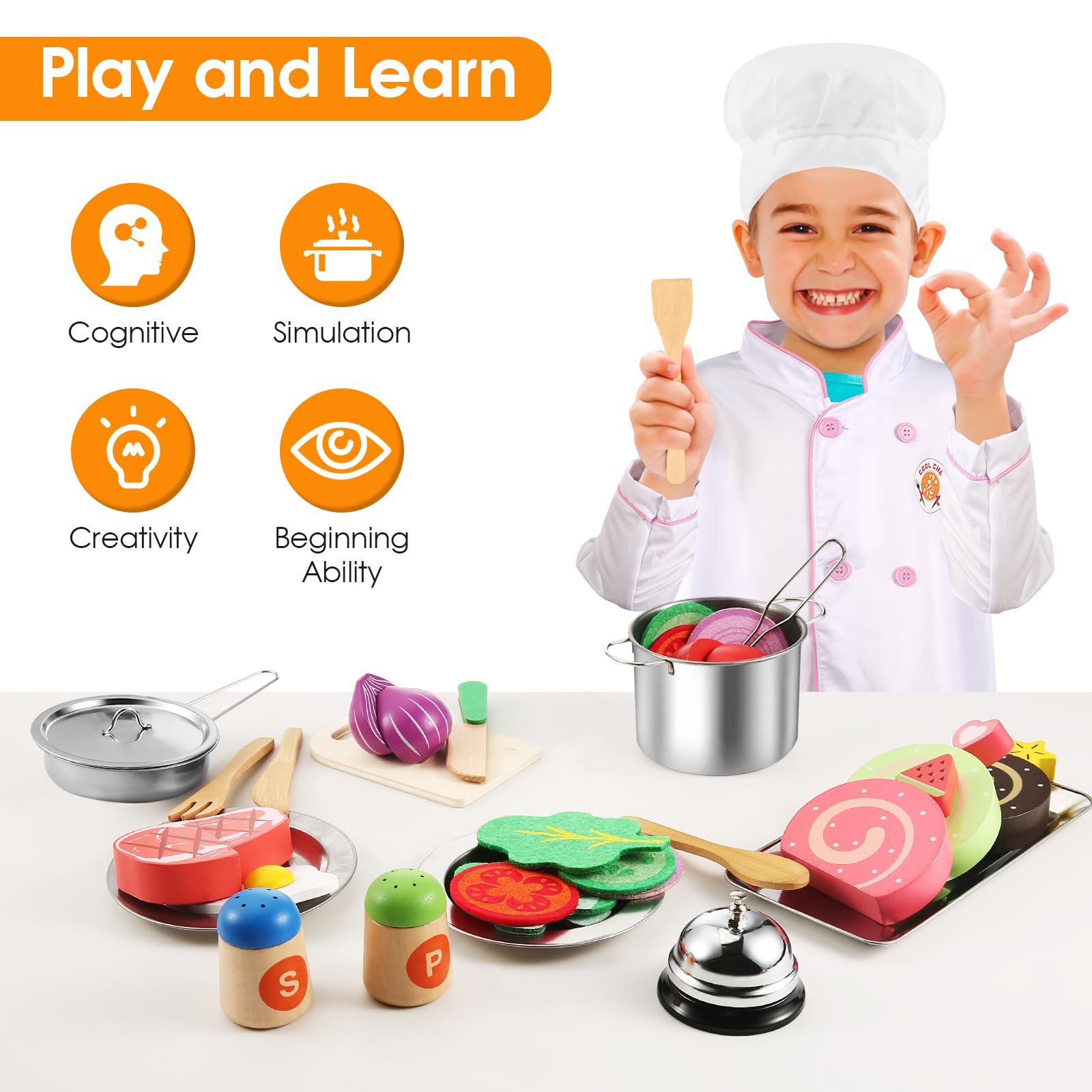 EFO SHM 44PCS Play Kitchen Accessories, Wooden Play Food, Kids Kitchen Pretend Play Toys with Stainless Steel Play Pots & Pans Sets, Apron & Chef Clothes, Kitchen Toys for Toddlers Preschoolers Kids