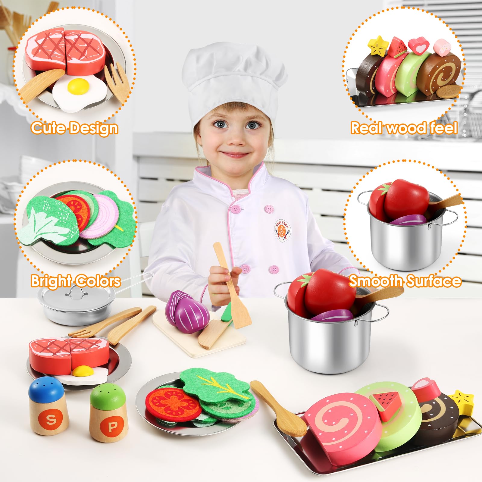 EFO SHM 44PCS Play Kitchen Accessories, Wooden Play Food, Kids Kitchen Pretend Play Toys with Stainless Steel Play Pots & Pans Sets, Apron & Chef Clothes, Kitchen Toys for Toddlers Preschoolers Kids