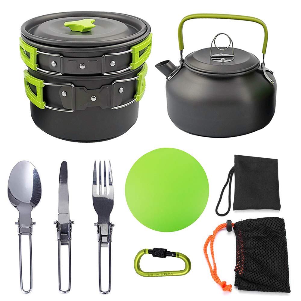 Peidesi Camping Cookware Mess Kit, Portable Camp Stove Pots and Pans Set, Carabiner, Folding Knife, Fork Spoon Kit, Carry Mesh Bag,Teapot for Backpacking, Outdoor Camping, Hiking and Picnic（16Pcs）