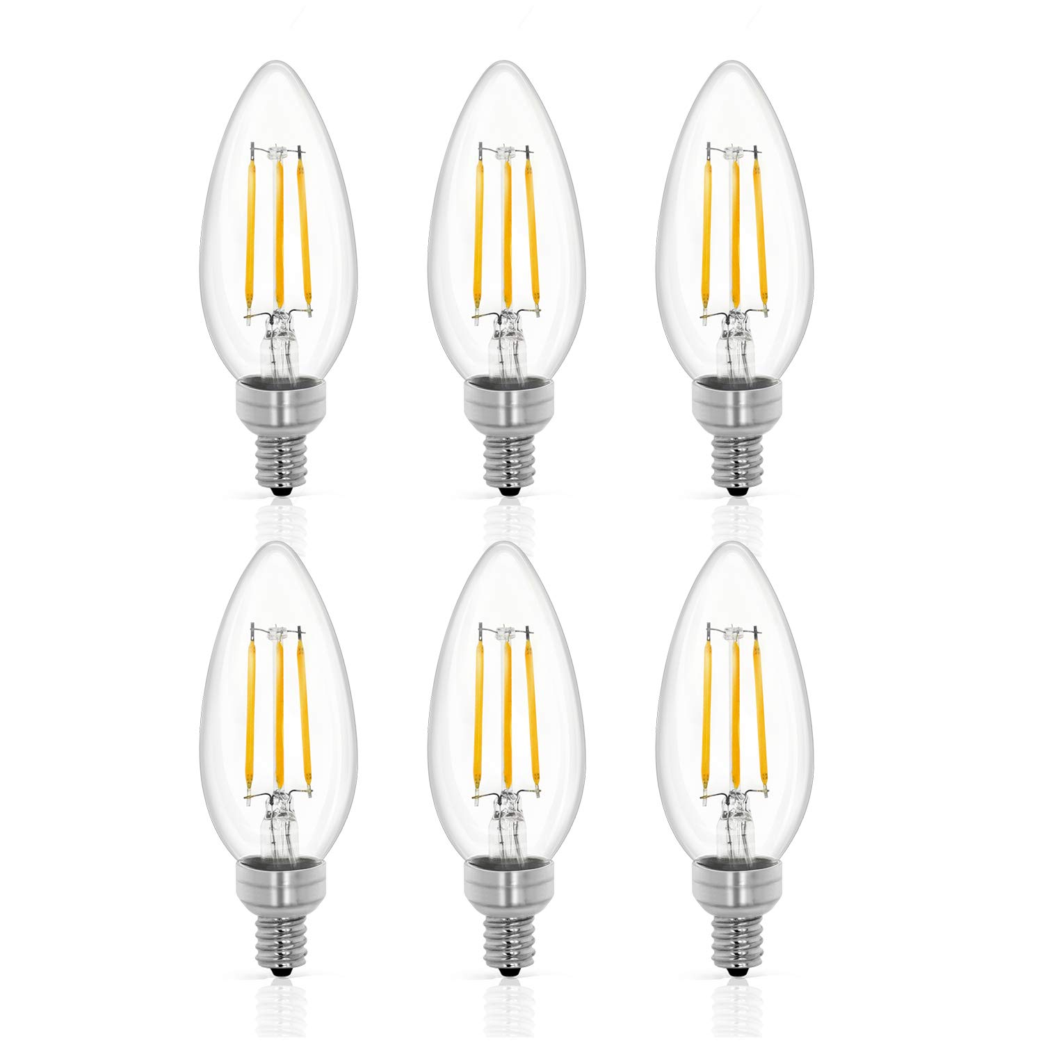 Tenergy LED Candelabra Bulbs Dimmable, 4W (40 Watt Equivalent) Warm White Soft White Color Light (2700K) E12 Base Decorative B11/C37 Filament Candle Bulbs for Chandelier/Ceiling Fan, 6 Count