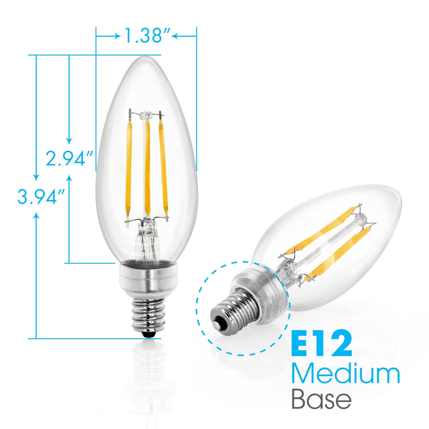 Tenergy LED Candelabra Bulbs Dimmable, 4W (40 Watt Equivalent) Warm White Soft White Color Light (2700K) E12 Base Decorative B11/C37 Filament Candle Bulbs for Chandelier/Ceiling Fan, 6 Count