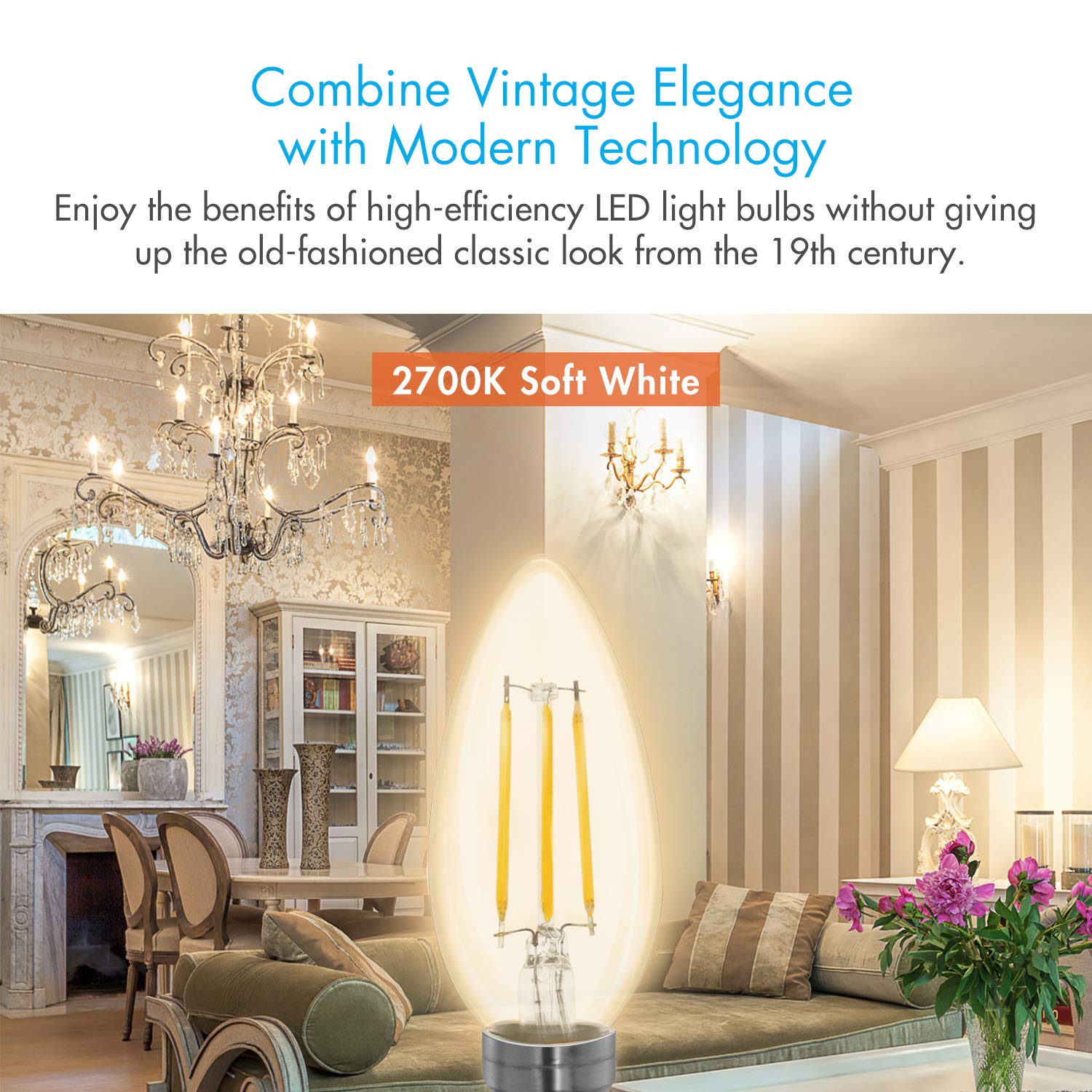 Tenergy LED Candelabra Bulbs Dimmable, 4W (40 Watt Equivalent) Warm White Soft White Color Light (2700K) E12 Base Decorative B11/C37 Filament Candle Bulbs for Chandelier/Ceiling Fan, 6 Count