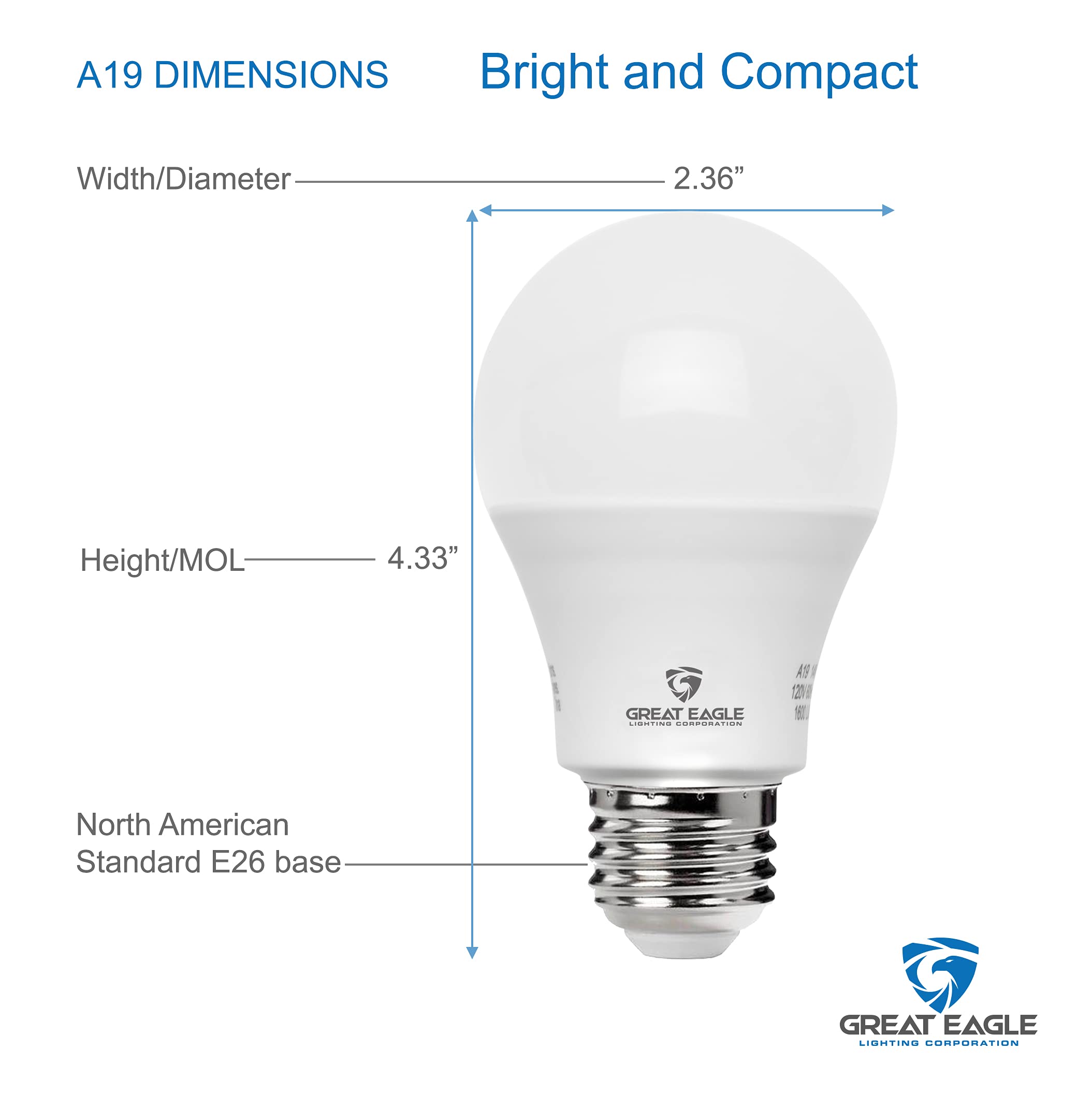 Great Eagle A19 LED Light Bulbs 60 Watt Equivalent- UL Listed - 4000K LED Light Bulb - Non dimmable Cool White Light Bulbs (6 Pack)