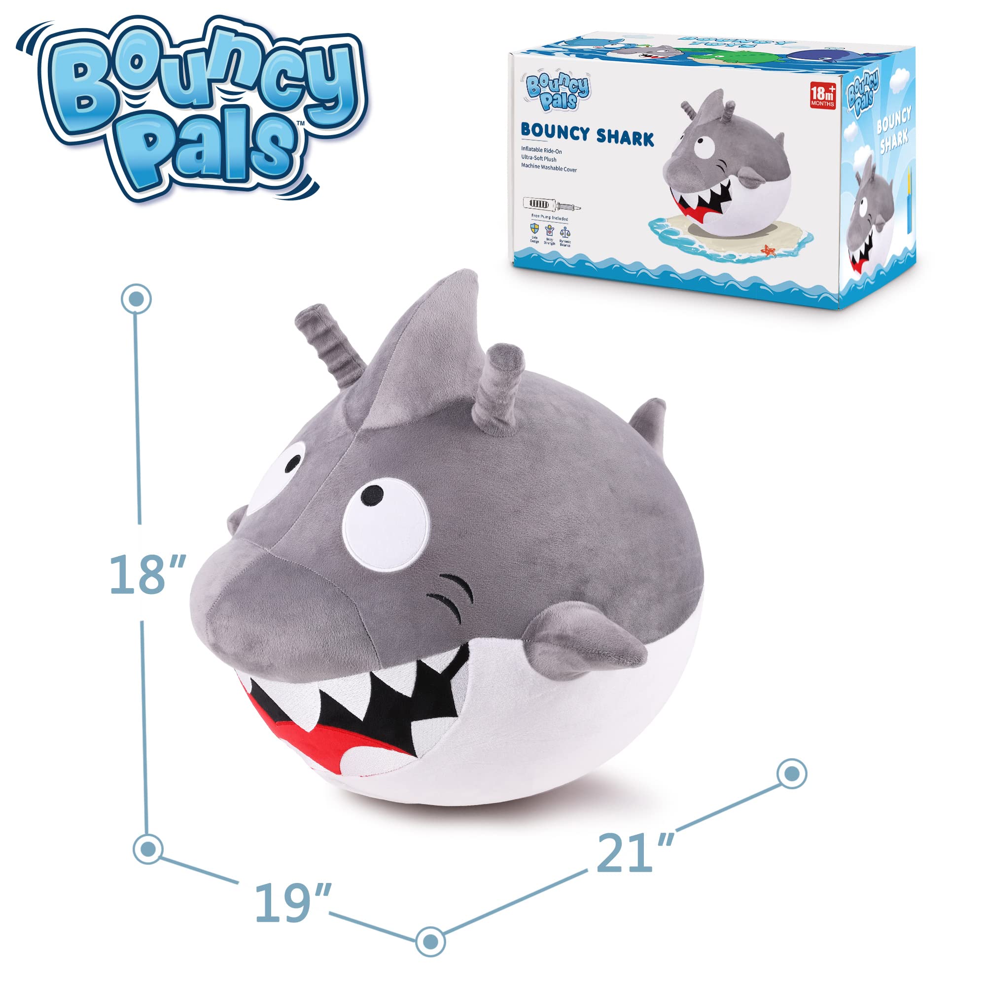 iPlay, iLearn Bouncy Pals Kids White Shark Hopper Ball, Toddler Ride on Bounce Toy, Outdoor Inflatable Jumping Animal W/Handle, Bouncing Hop Jumper, Birthday Gifts for 2 3 4 5 Year Old Boy Girl