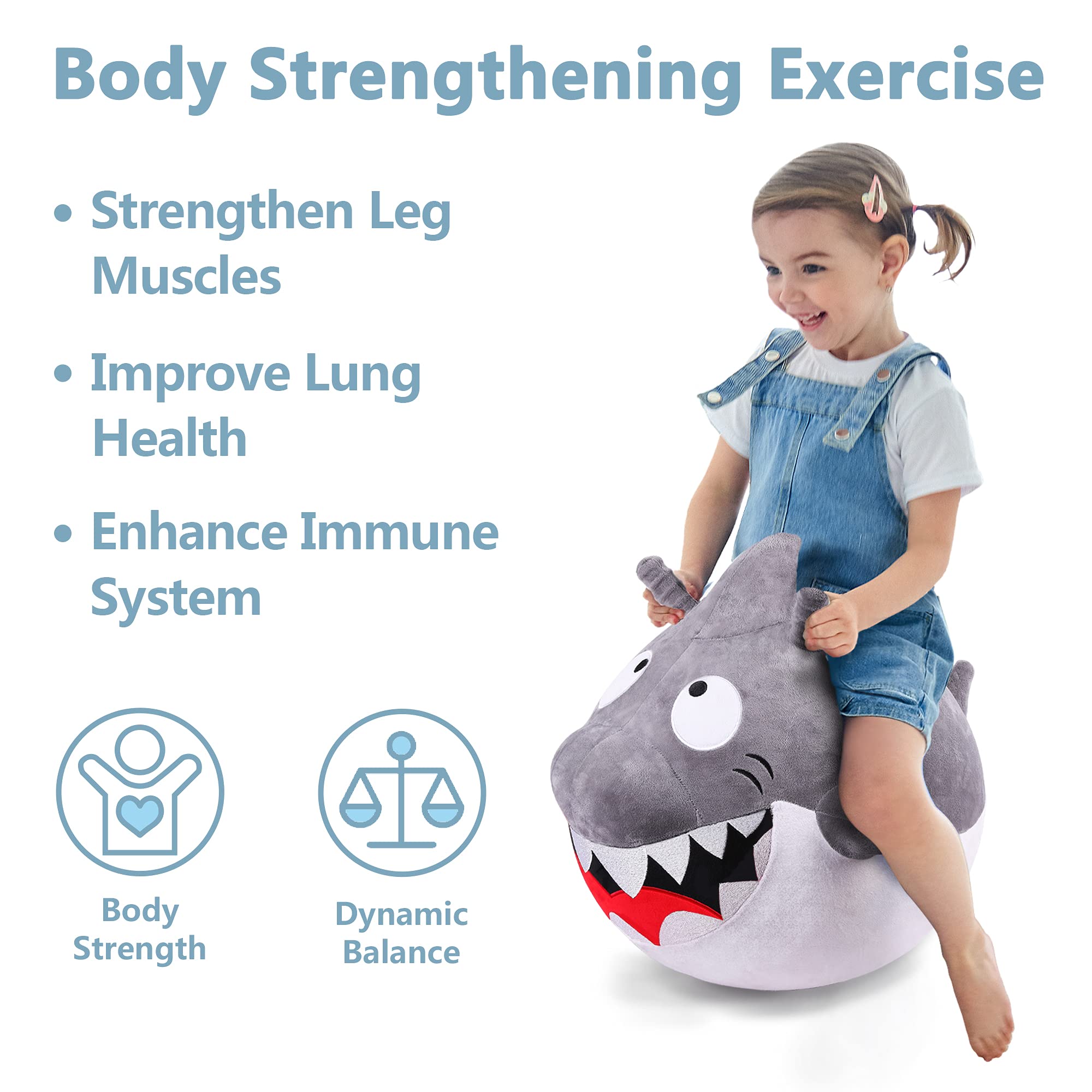 iPlay, iLearn Bouncy Pals Kids White Shark Hopper Ball, Toddler Ride on Bounce Toy, Outdoor Inflatable Jumping Animal W/Handle, Bouncing Hop Jumper, Birthday Gifts for 2 3 4 5 Year Old Boy Girl