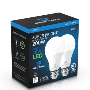 Great Eagle Lighting Corporation Super Bright 150W-200W LED Light Bulb 2600 Lumens, A21 Non-Dimmable 3000K Soft White, High Lumen, UL Listed (2-pack)