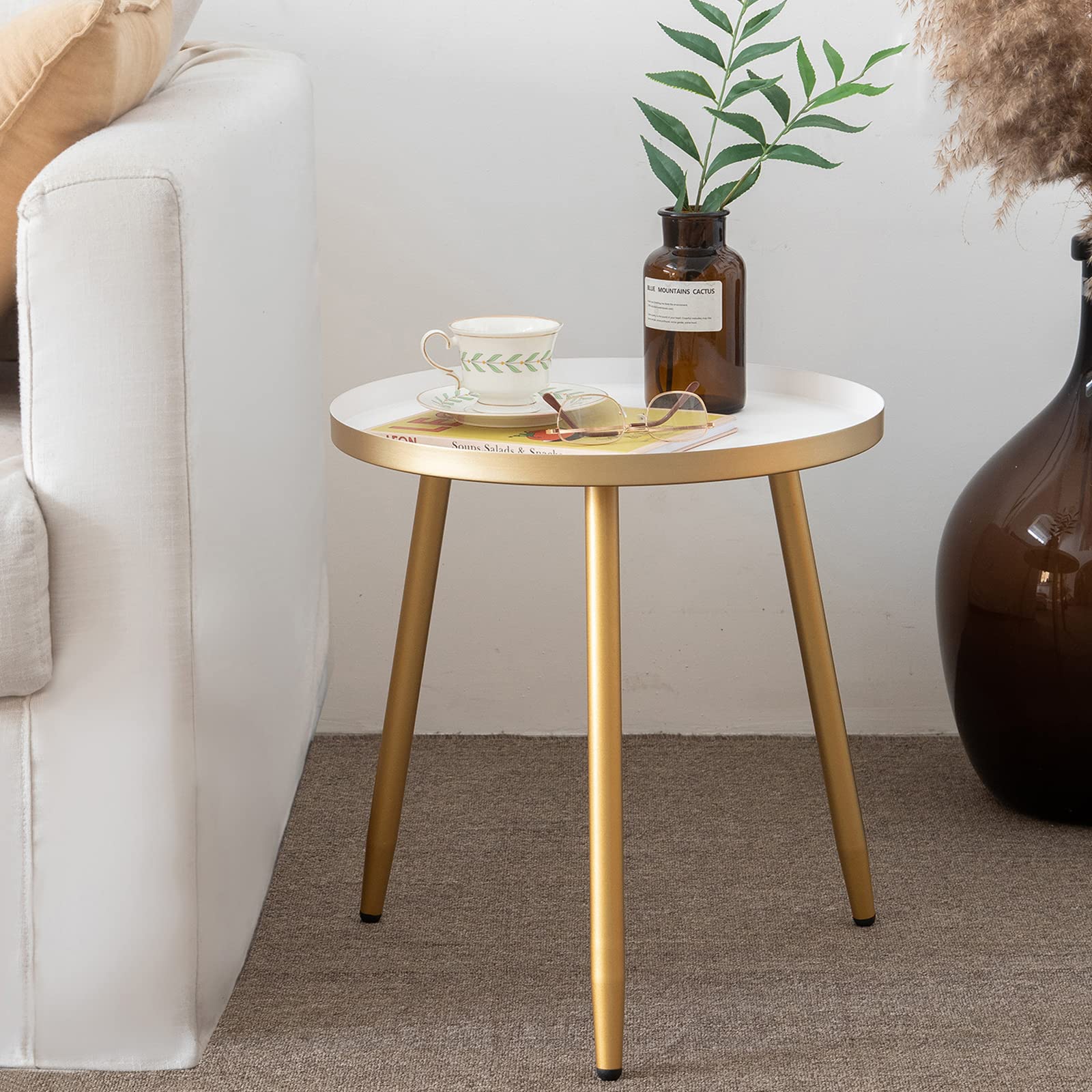 AOJEZOR Bed Side Table Ideal for Any Room, Living Room, Bedroom,Metal Structure Small Round Side Table Great for Small Spaces,White Tray with 3 Gold Legs End Table