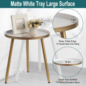 AOJEZOR Bed Side Table Ideal for Any Room, Living Room, Bedroom,Metal Structure Small Round Side Table Great for Small Spaces,White Tray with 3 Gold Legs End Table