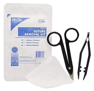 dukal single use suture removal kit. sterile suture removal trays. extra protection against cross infection. sterile scissors, suture forceps and gauze pad. disposable suture removal pack.