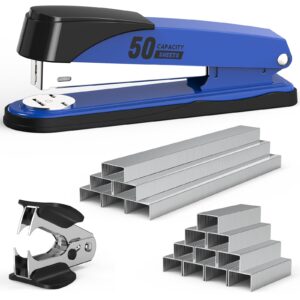 metal stapler heavy duty 50 sheet capacity with 1750 staples and staple remover, blue stapler full strip staplers for desk, no jam, non-slip office stapler with staples for office & classroom, blue