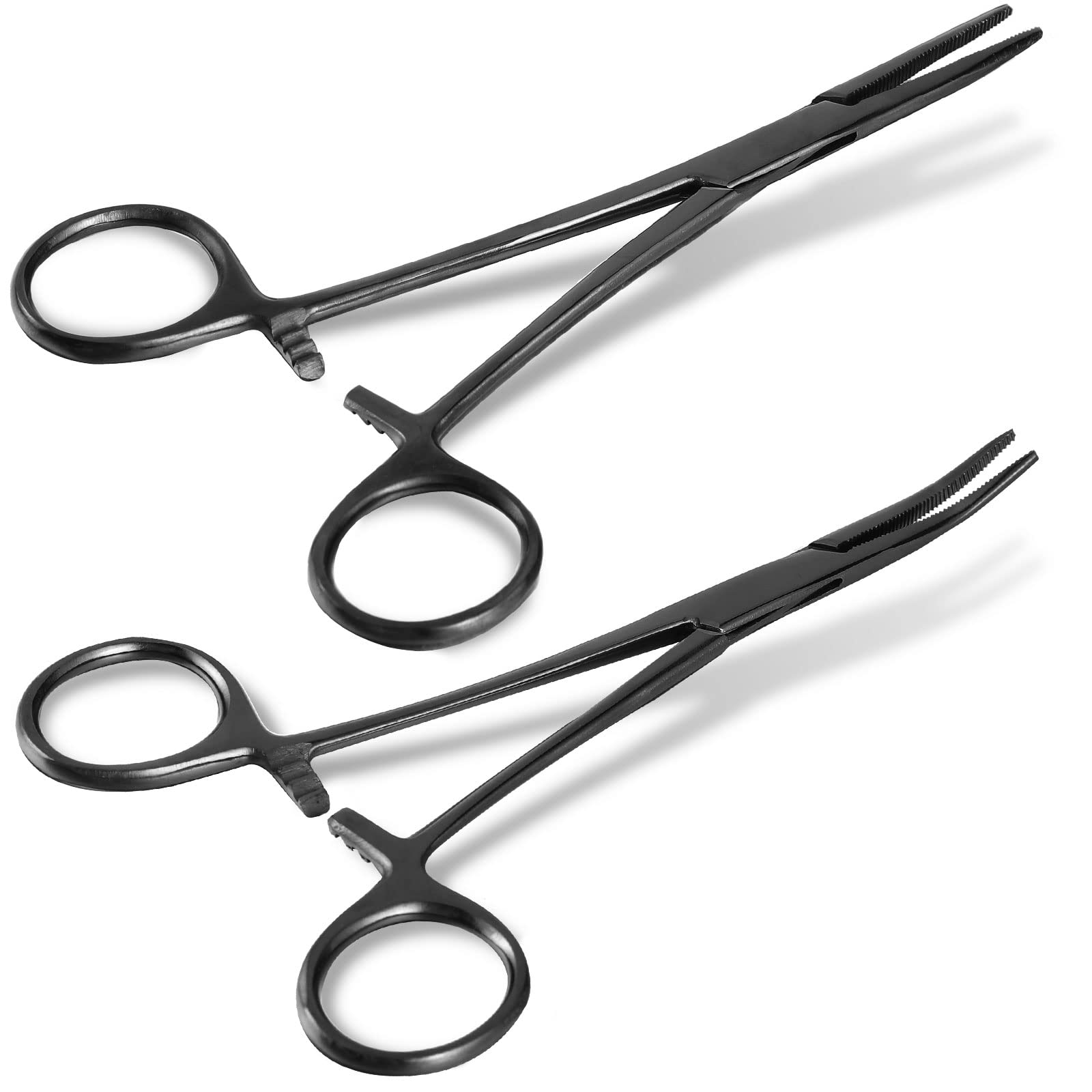 BBTO 2 Pcs Hemostat Curved and Straight Hemostat Forceps Piercing Pliers Forceps, Stainless Steel Straight and Curved Pliers, Fishing Tweezer Hemostats (Black)