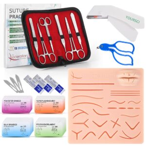 suture practice training kit for medical pa, np students, residents practicing clinicians, with large silicone lip suture pad, instruments, stapler remover training videos for education only