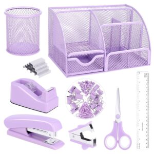 purple mesh desk organizer and accessories, purple gift purple office supplies 7 compartments desk organizer with stapler,tape dispenser,1000 staples,pen holder,staple remover,clips,ruler,scissors