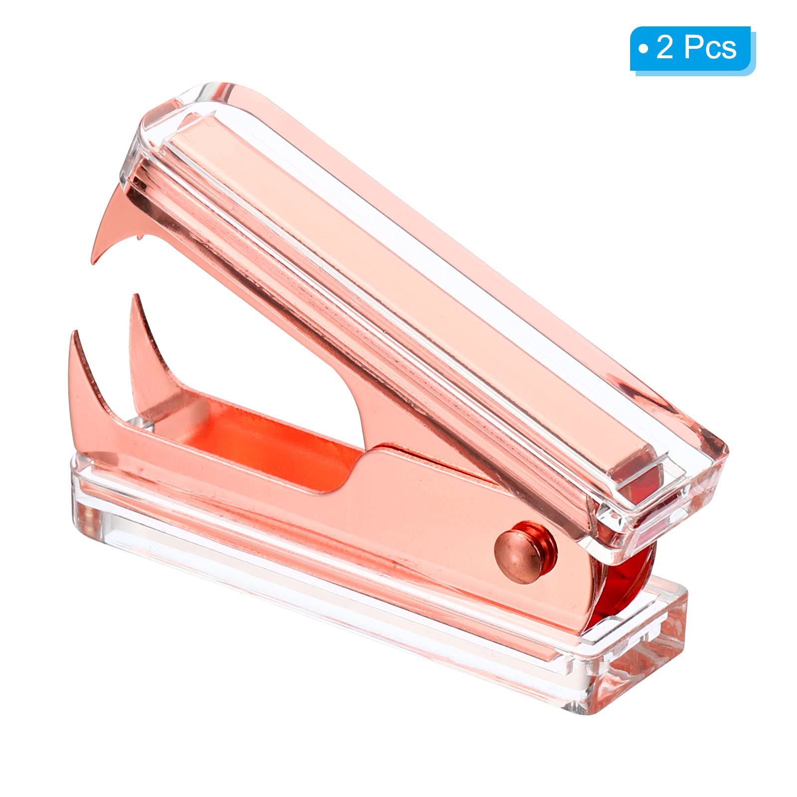 PATIKIL Acrylic Staple Remover, 2 Pack Portable Lockable Jaw Style Staple Puller Removal Tools with Plastic Box for Home Office Desktop, Rose Gold