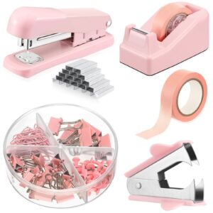 office supplies set desk accessory kit include stapler, staples, staple remover, tape dispenser, 22 binder clips, 30 paper clips, 20 push pins, 2 rolls tape, for women christmas gift (pink)