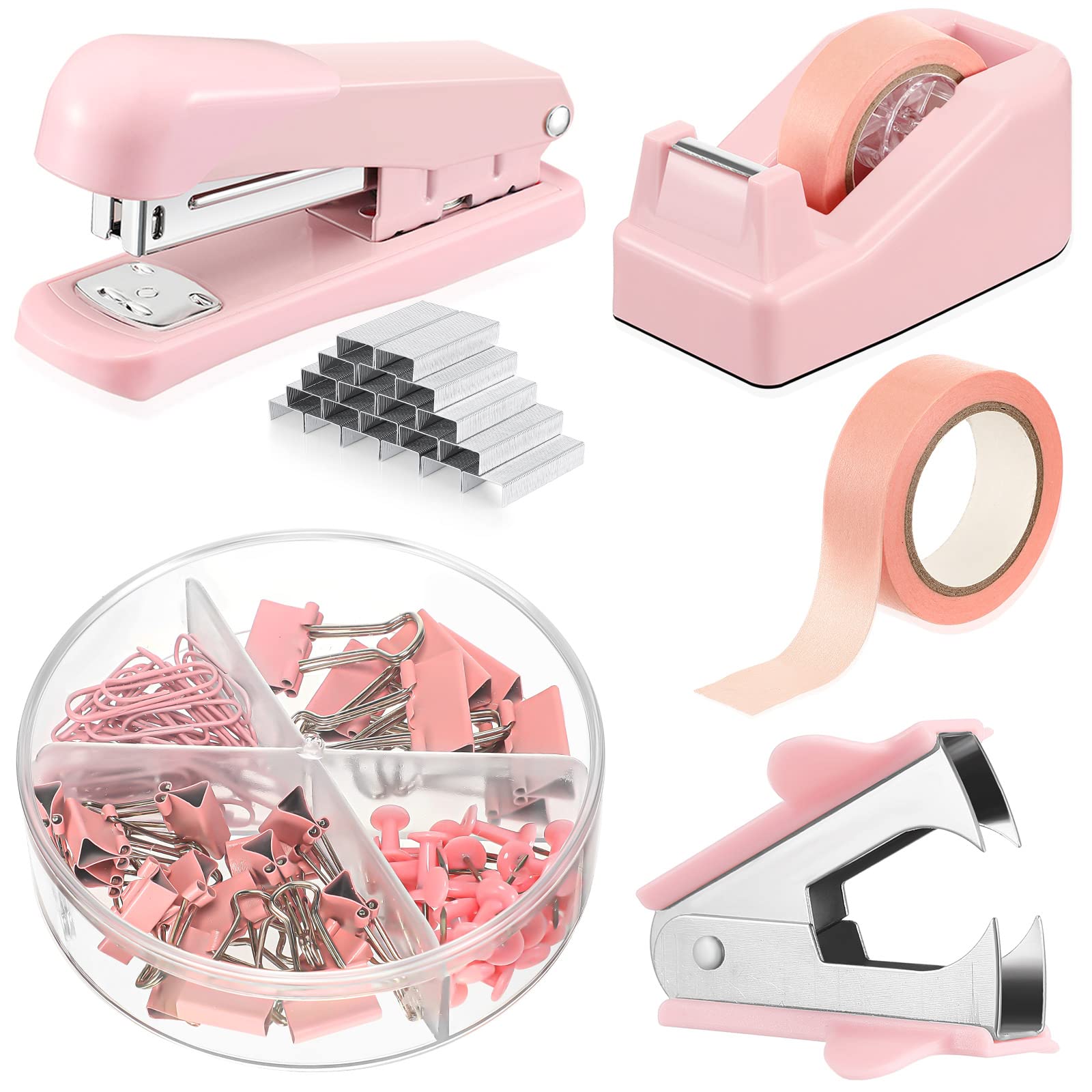 Office Supplies Set Desk Accessory Kit Include Stapler, Staples, Staple Remover, Tape Dispenser, 22 Binder Clips, 30 Paper Clips, 20 Push Pins, 2 Rolls Tape, for Women Christmas Gift (Pink)