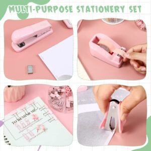 Office Supplies Set Desk Accessory Kit Include Stapler, Staples, Staple Remover, Tape Dispenser, 22 Binder Clips, 30 Paper Clips, 20 Push Pins, 2 Rolls Tape, for Women Christmas Gift (Pink)