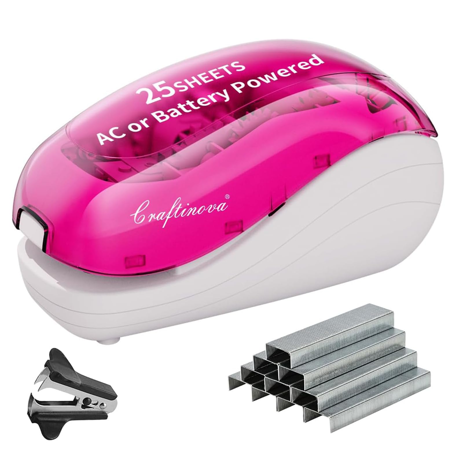 Craftinova Electric Stapler-Pink,Including 2000 Staples and 1 staple remover, Suitable for Palm Size and high Comfort，25 Sheet Capacity, AC Adapter or Battery Powered，Battery not Included