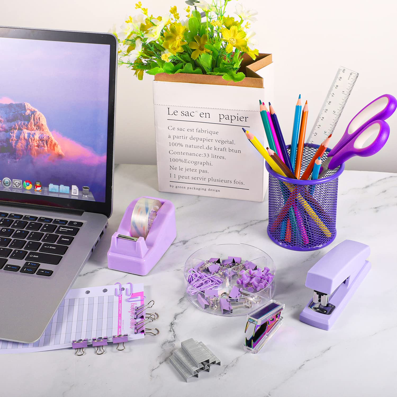 Purple Desk Accessories Set, Purple Gifts Office Supplies Kit Stapler and Tape Dispenser Set with Staple Remover 1000 Staples Pen Holder Office Gift for Coworkers