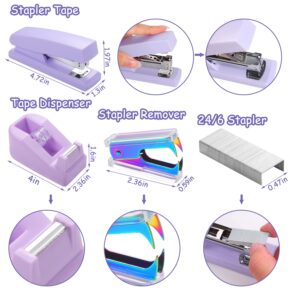 Purple Desk Accessories Set, Purple Gifts Office Supplies Kit Stapler and Tape Dispenser Set with Staple Remover 1000 Staples Pen Holder Office Gift for Coworkers