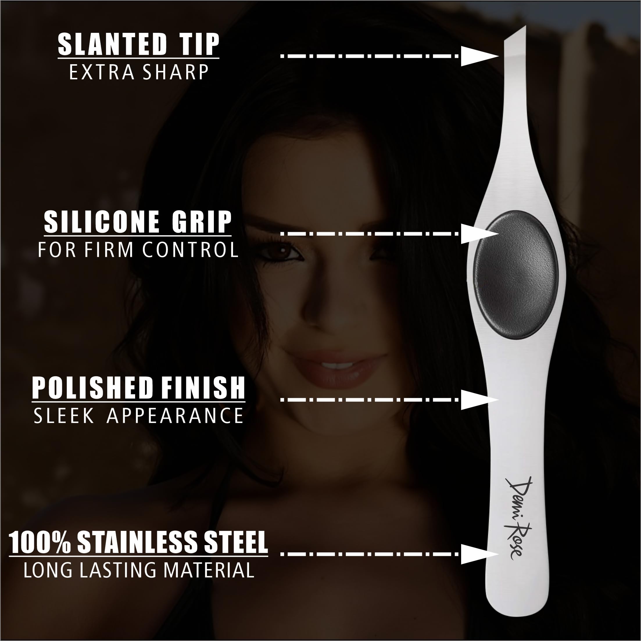 Demi Rose Tweezers for Women Facial Hair, Professional Grade Stainless Steel Eyebrow Tweezers Precision - Non Slip Grip, Slant, Sharp Ingrown Hair Removal Tweezers for Men (Silver Mirror Finish)