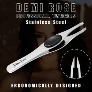 Demi Rose Tweezers for Women Facial Hair, Professional Grade Stainless Steel Eyebrow Tweezers Precision - Non Slip Grip, Slant, Sharp Ingrown Hair Removal Tweezers for Men (Silver Mirror Finish)