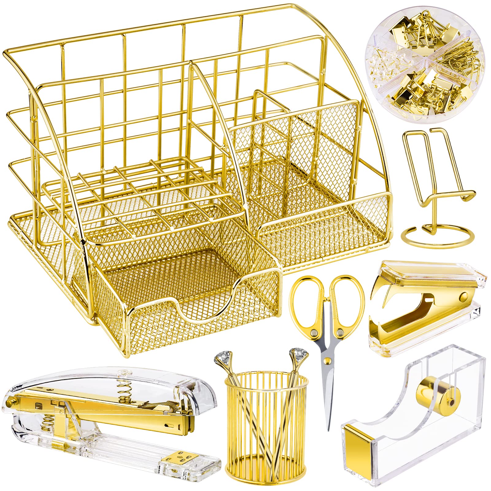 NiOffice Gold Desk Organizer Set with Acrylic Accessories - Includes Stapler, Tape Holder, Pen Holder, Scissors, Phone Holder, Binder Clips, Staple Remover and 1000 Staples