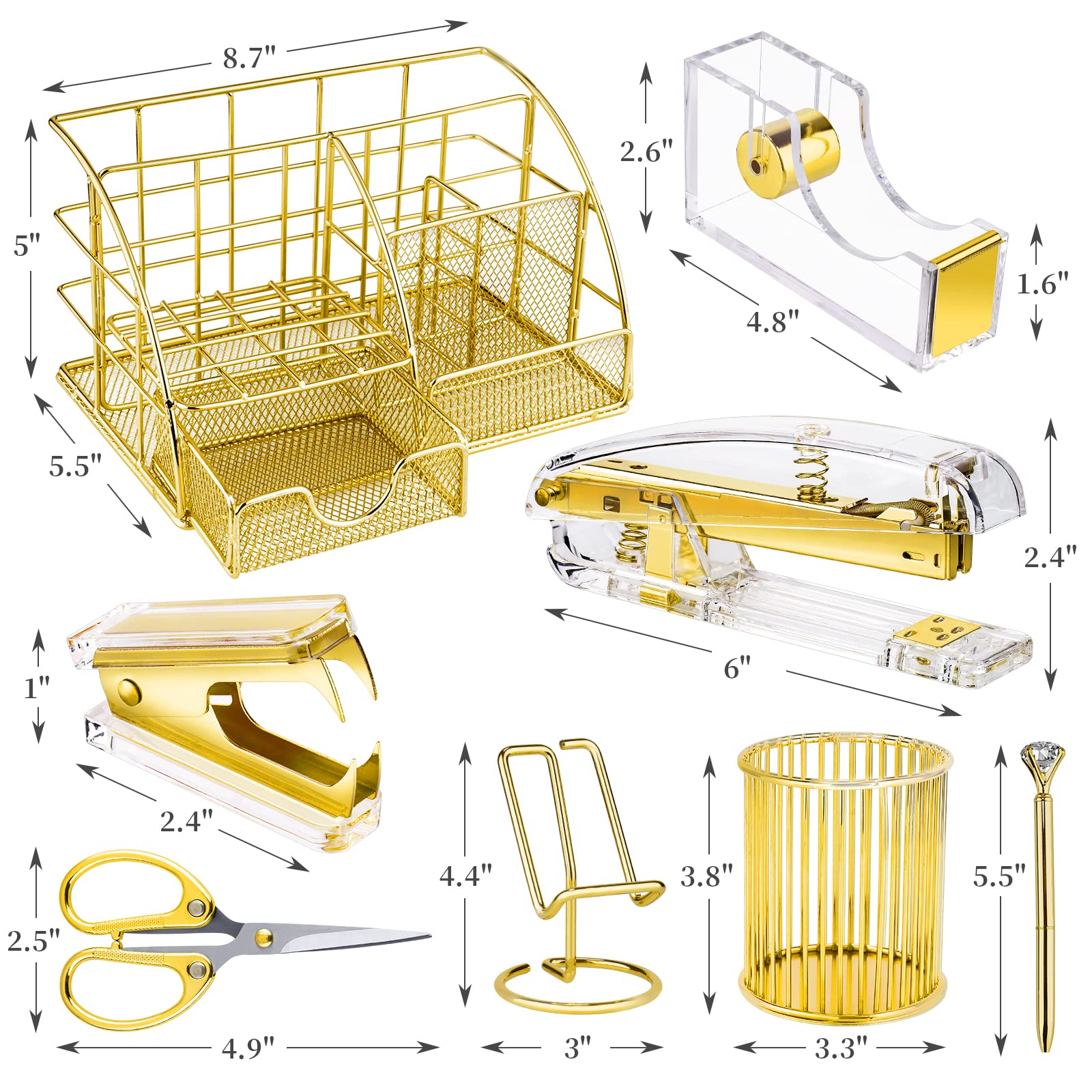 NiOffice Gold Desk Organizer Set with Acrylic Accessories - Includes Stapler, Tape Holder, Pen Holder, Scissors, Phone Holder, Binder Clips, Staple Remover and 1000 Staples