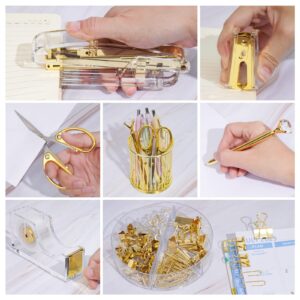 NiOffice Gold Desk Organizer Set with Acrylic Accessories - Includes Stapler, Tape Holder, Pen Holder, Scissors, Phone Holder, Binder Clips, Staple Remover and 1000 Staples